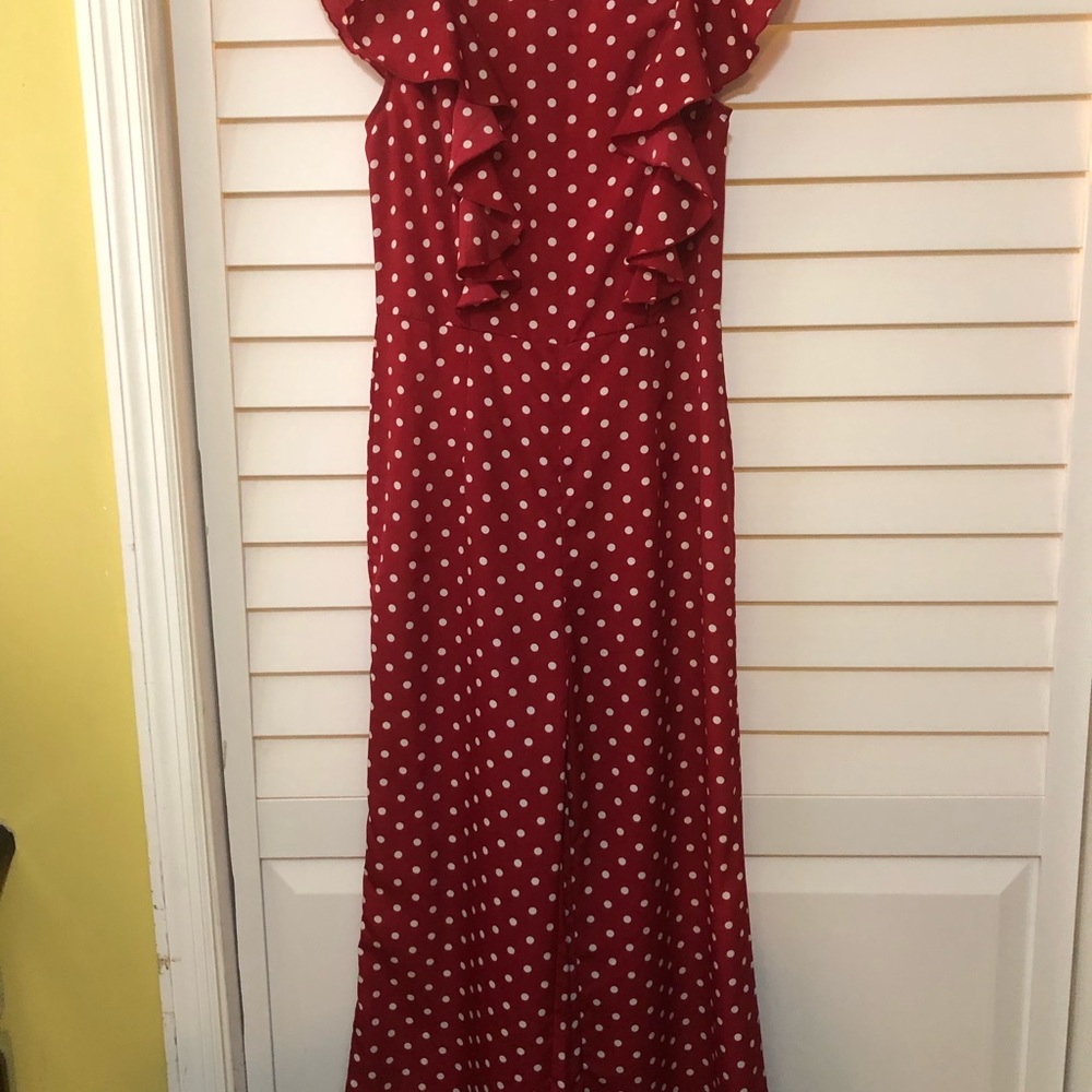Red and white polka dot jumpsuit